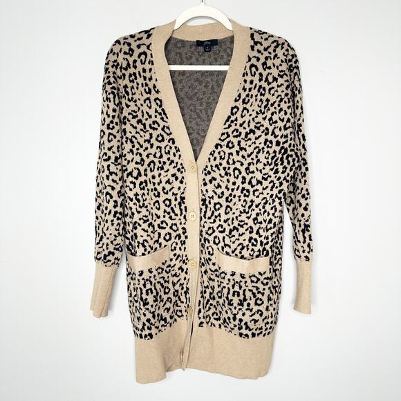 J.Crew Womens Long Cardigan Sweater Leopard Print Wool Blend Brown Black Size S - Picture 2 of 8